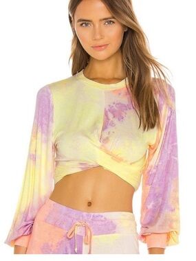 Beach Riot Marley Twist Front Tie Dye Crop Top XS yellow purple orange
